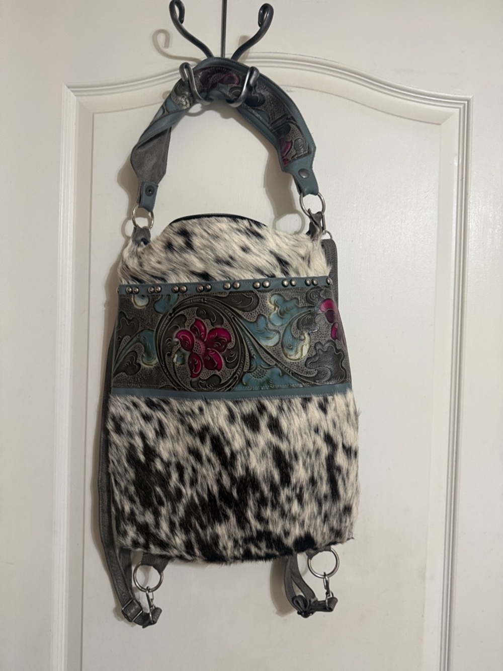 Holy Cow Couture Floral Tooled Leather & Black White Haircalf Shoulder Bag
